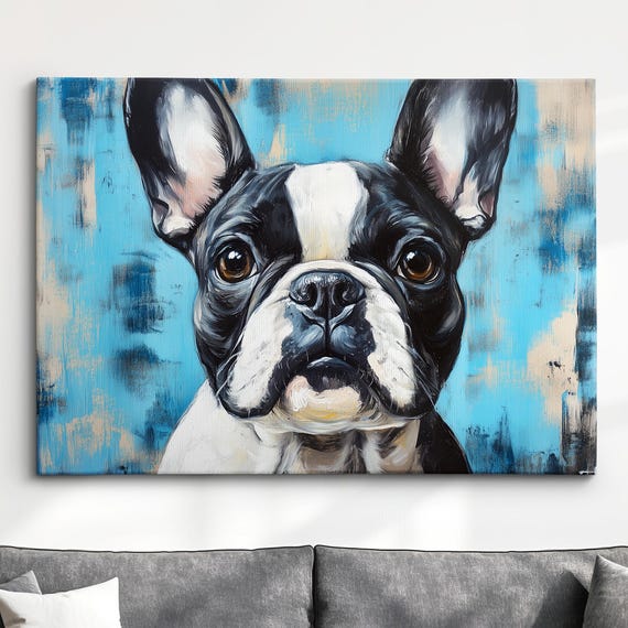 French Bulldog Blue Palette Painting Dog Pet Abstract Modern Oil Wall Art Framed Canvas Poster Print Home Kitchen Office Room Decor Gifts