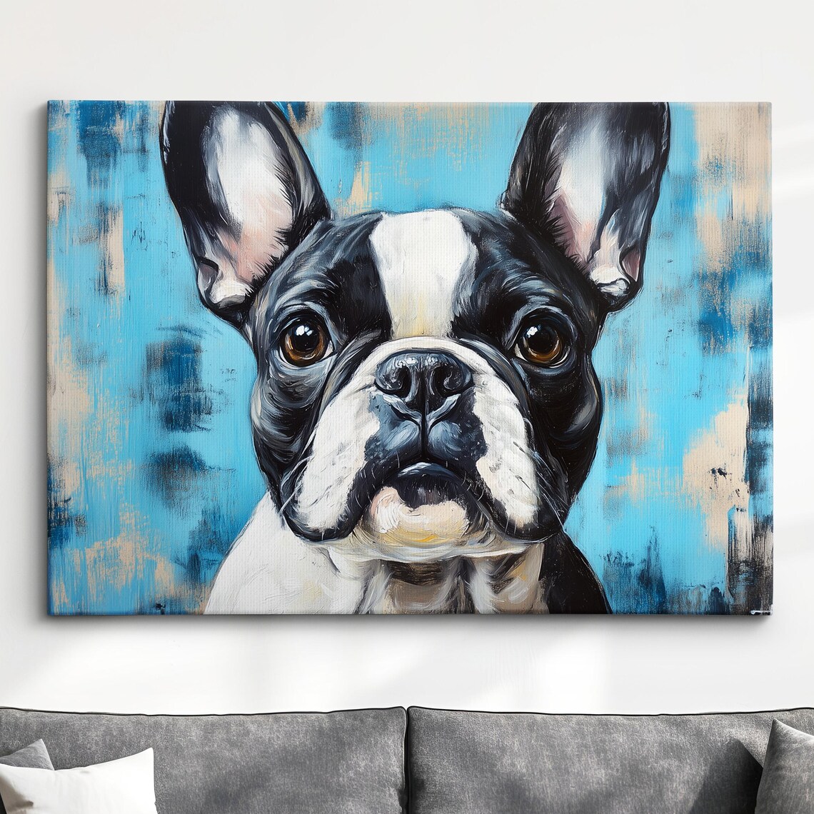 French Bulldog Black and White Blue Portrait Oil Painting Poster