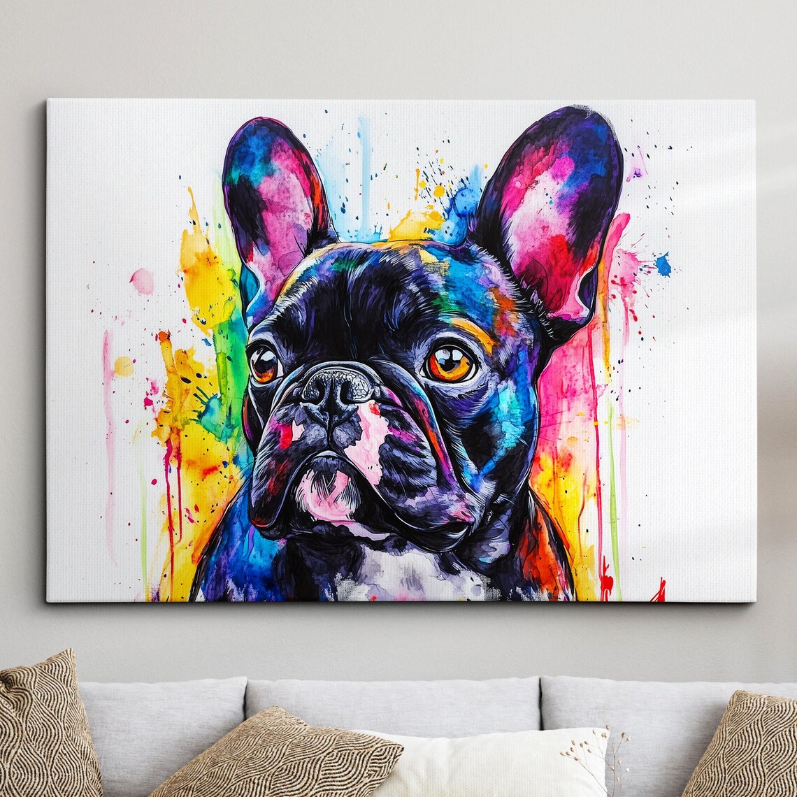Black French Bulldog Portrait Neon Rainbow Splatter Modern Pet Poster