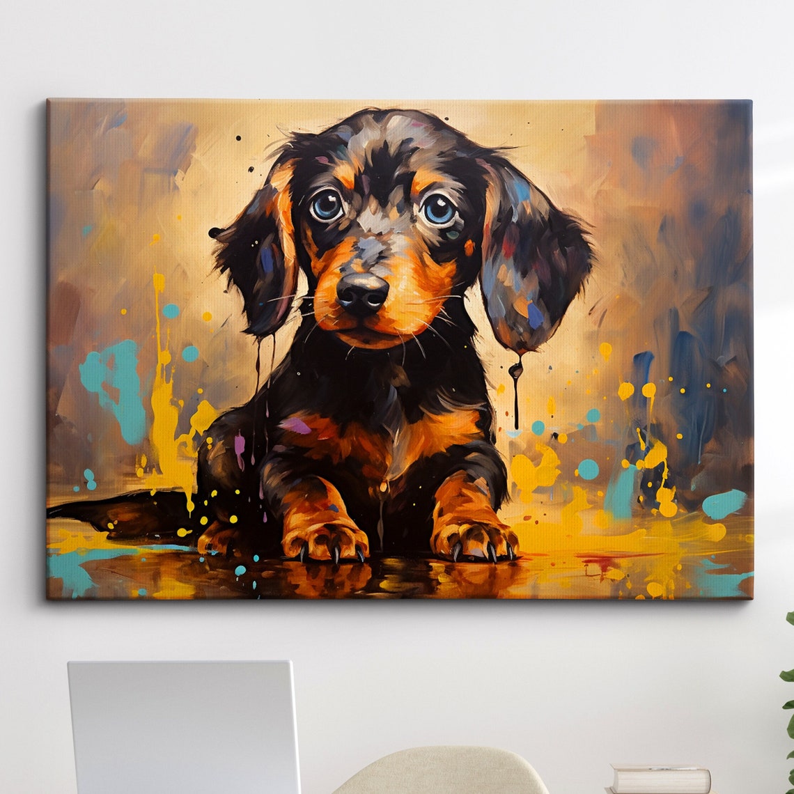 Dachshund Puppy Blue Eyes Teal Splatter Expressive Painting Poster