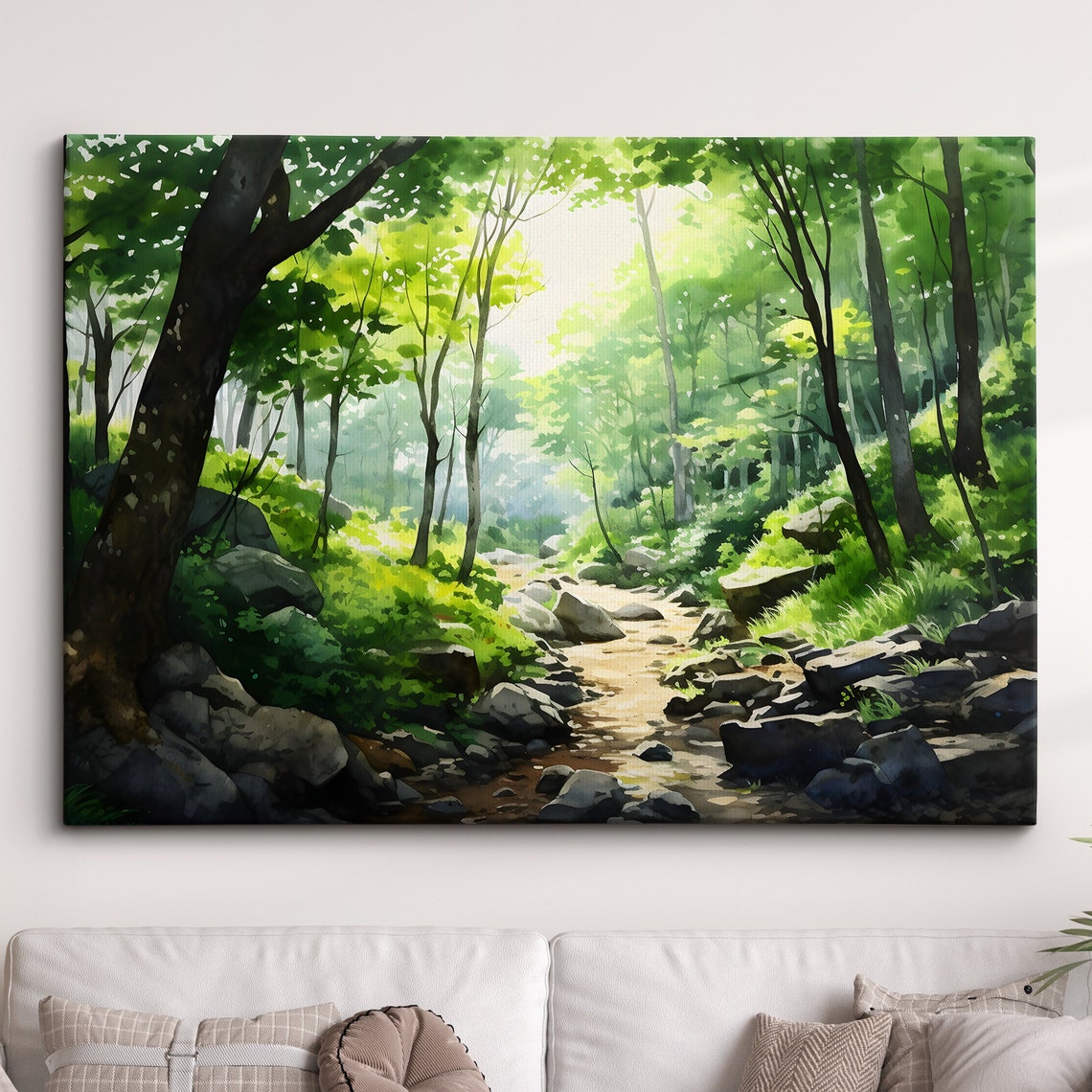 Forest Rocky Path Landscape Abstract Watercolor Painting Style Wall Art Framed Canvas Poster Print Home Kitchen Living Room Decor Gift