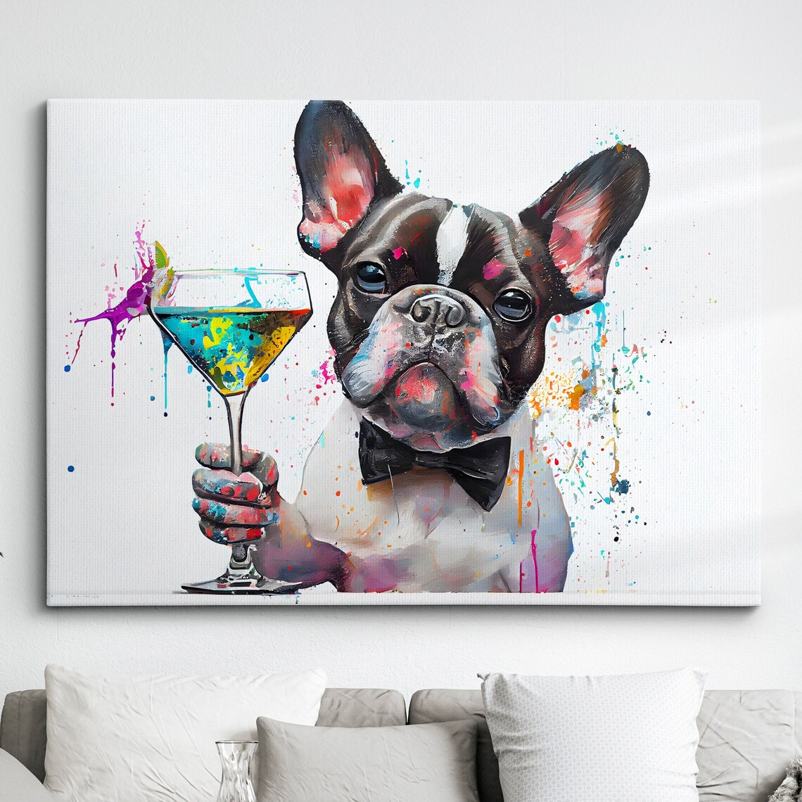 French Bulldog Holding Martini Bow Tie Funny Toast Art Poster