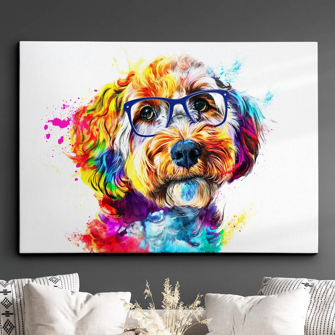 Colorful Goldendoodle Wearing Blue Glasses Fun Pop Art Poster