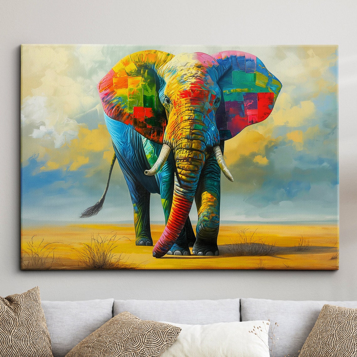 Colorful Abstract Elephant Savanna Paint Patchwork Modern Art Poster