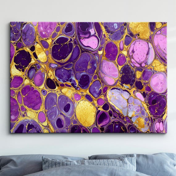 Modern Abstract Purple Gold Minimalist Marble Oil Painting Wall Art Framed Canvas Poster Print Home Living Room Decor Gift Ideas