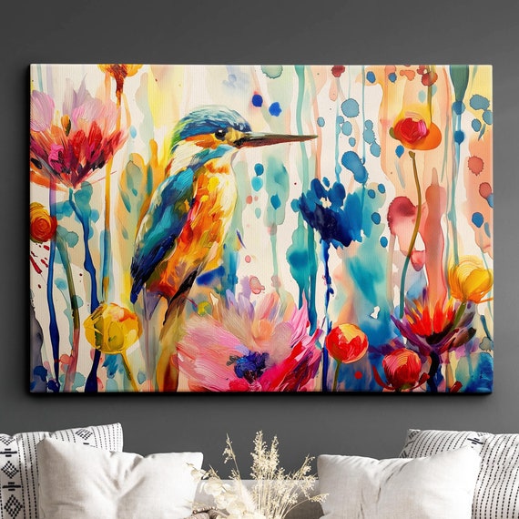 Colorful Kingfisher Abstract Bird Oil Painting Splatter Pet Animal Wall Art Framed Canvas Poster Print Home Living Room Decor