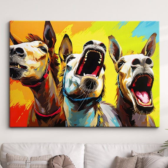 Colorful Donkeys Yelling Animal Abstract Oil Painting Paint Splatter Wall Art Framed Canvas Poster Print Home Living Room Decor Fun Gift