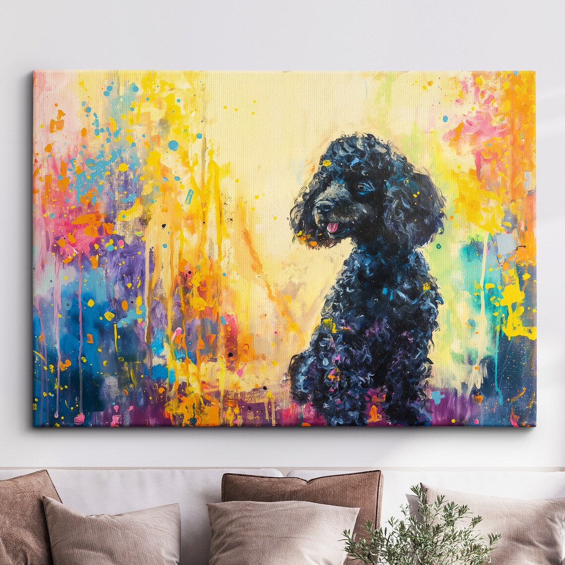 Black Poodle Sitting Pose on Pastel Paint Splatter Art Poster