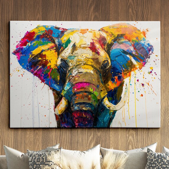 Elephant Animal Abstract Oil Painting Colourful Paint Splatter Style Wall Art Framed Canvas Poster Print Home Living Room Decor Gifts