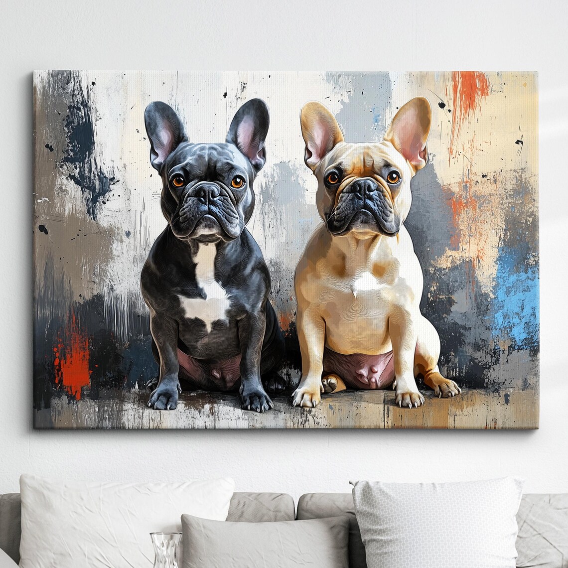Two French Bulldogs Abstract Paint Splash Modern Pet Portrait Poster