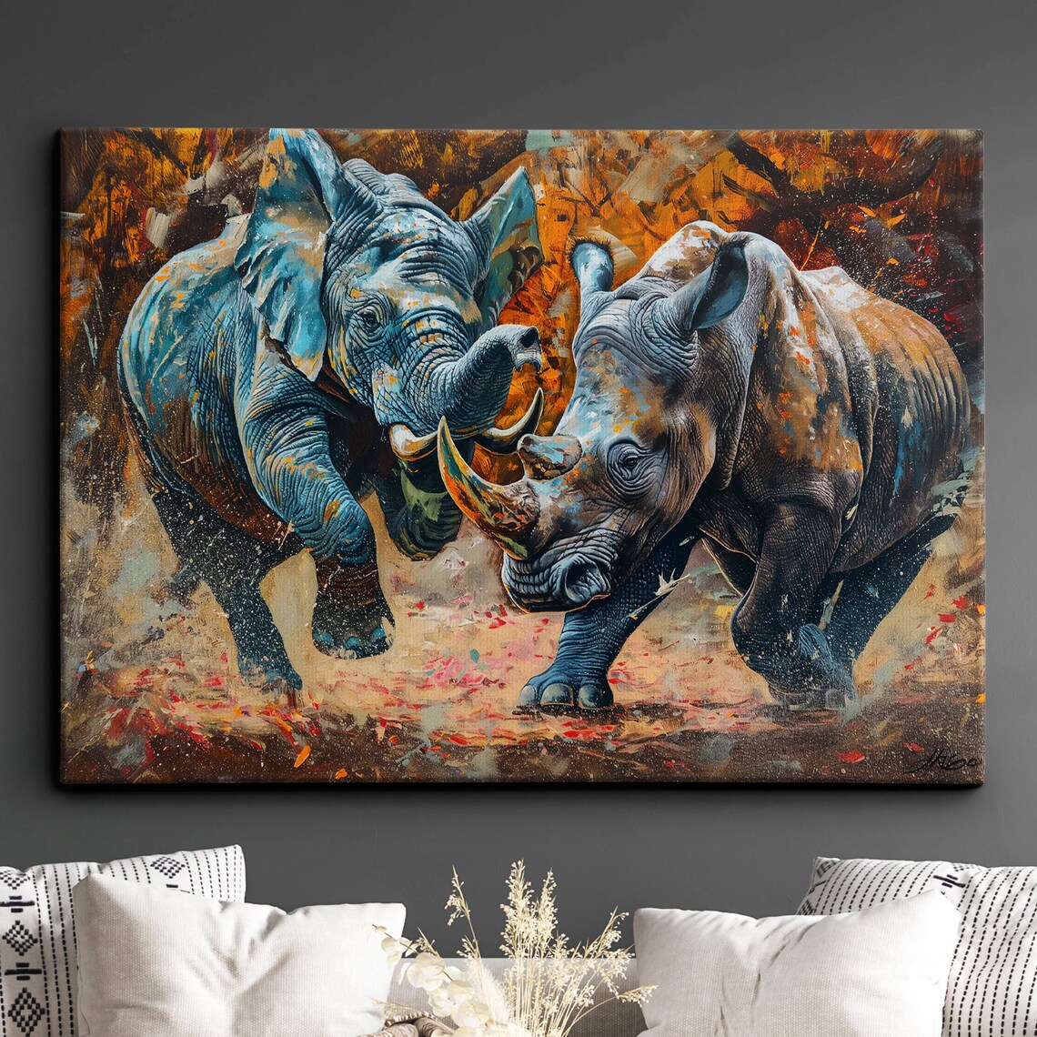 Elephant vs Rhino Charging Paint Splatter Dramatic Wildlife Poster