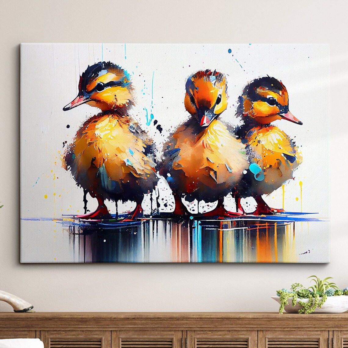 Ducklings Abstract Oil Splatter Animal Art Print