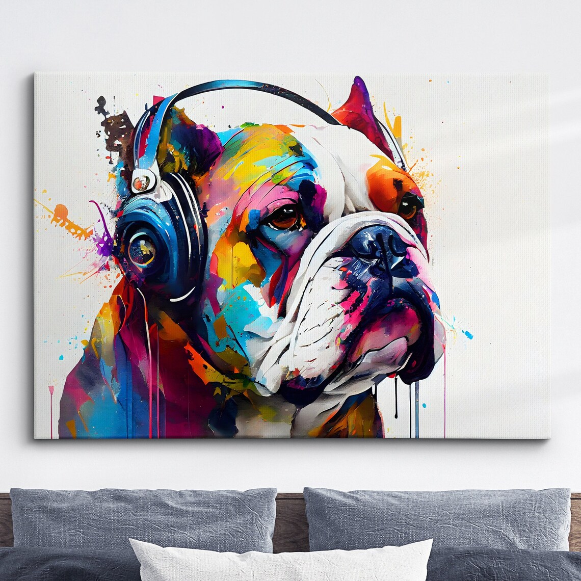 Bulldog With Headphones Abstract Modern Art Print