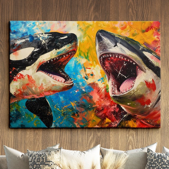 Vs Orca Sea Animal Abstract Oil Painting Colourful Paint Splatter Style Wall Art Framed Canvas Poster Print Homeoffice Room Decor