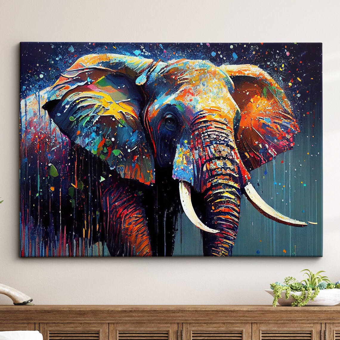 Elephant Abstract Oil Painting, Colourful Wall Art Print