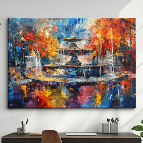 Water Fountain Modern Oil Abstract Painting Wall Art Natural Landscape Framed Canvas Poster Print Home Kitchen Office Room Decor Gifts