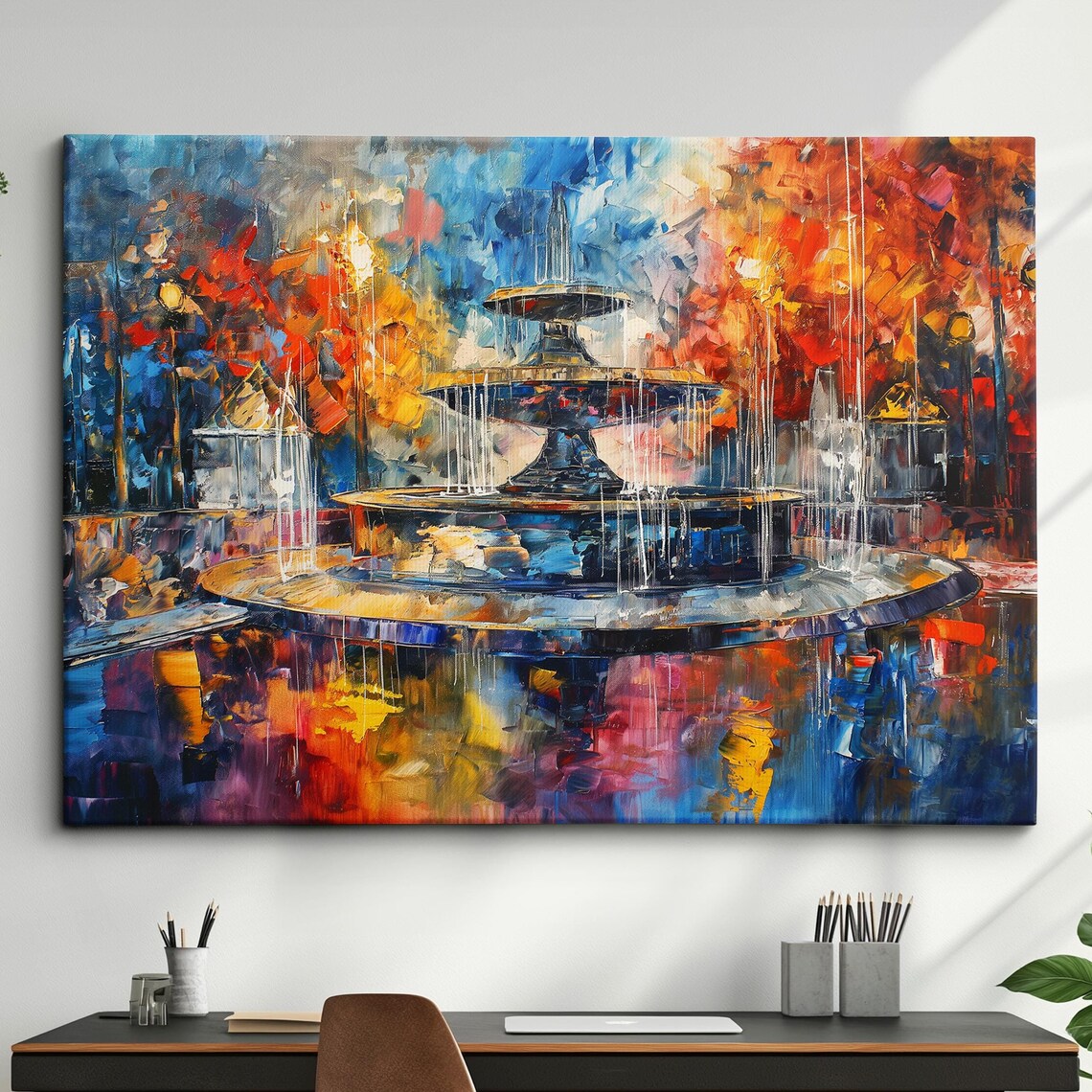 Abstract Fountain Oil Painting Colorful Park Impasto Art Poster
