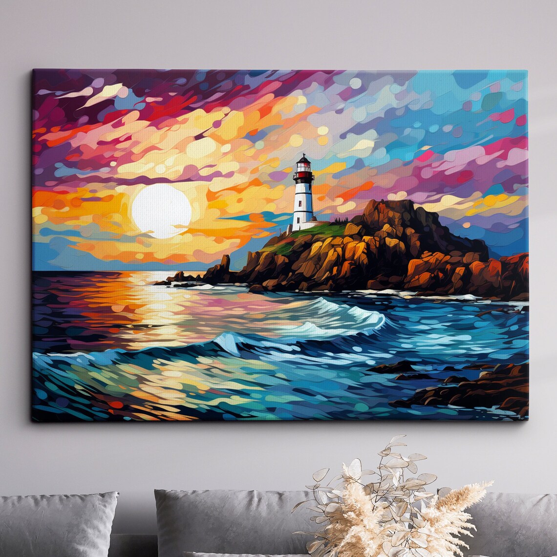 Lighthouse Beach Watercolor Abstract Waves Art Print