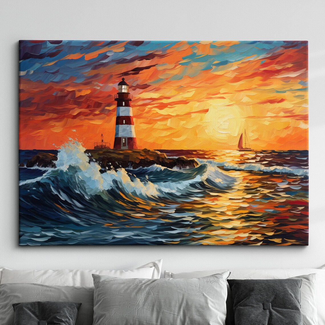 Lighthouse Beach Watercolor Abstract Waves Travel Poster