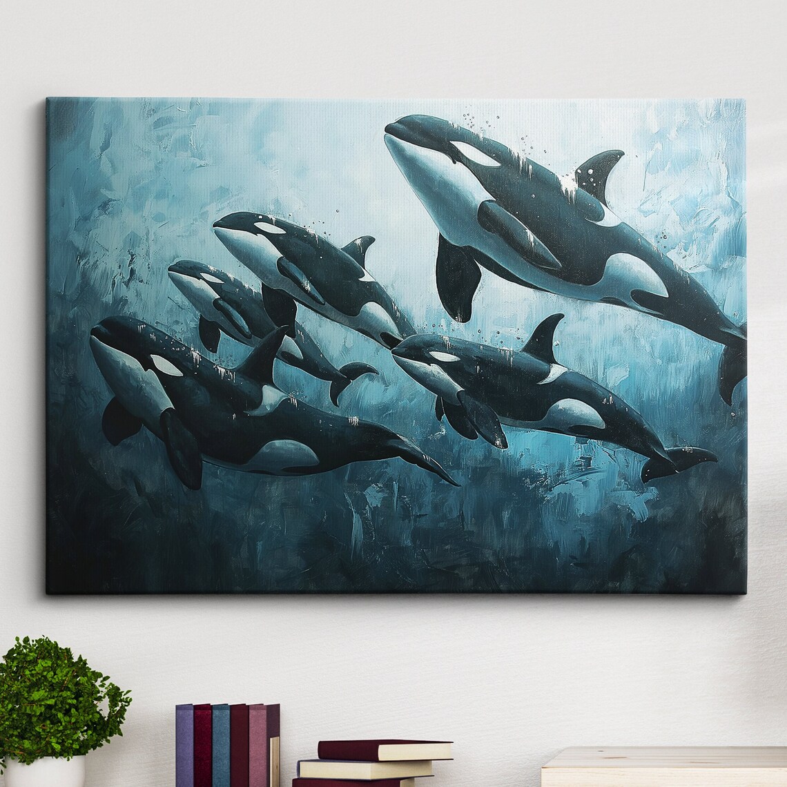 Orcas Whales Abstract Oil Painting, Colourful Wall Art