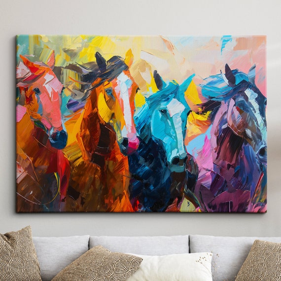 Colorful Horses Animal Abstract Oil Painting Paint Splatter Style Wall Art Framed Canvas Poster Print Home Living Room Decor Fun Horse Gift