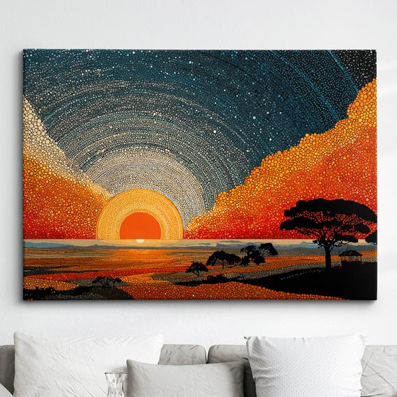 Modern Abstract Sunset Spotted Minimalist Dot Oil Painting Wall Art Framed Canvas Poster Print Home Living Room Decor Gift Ideas