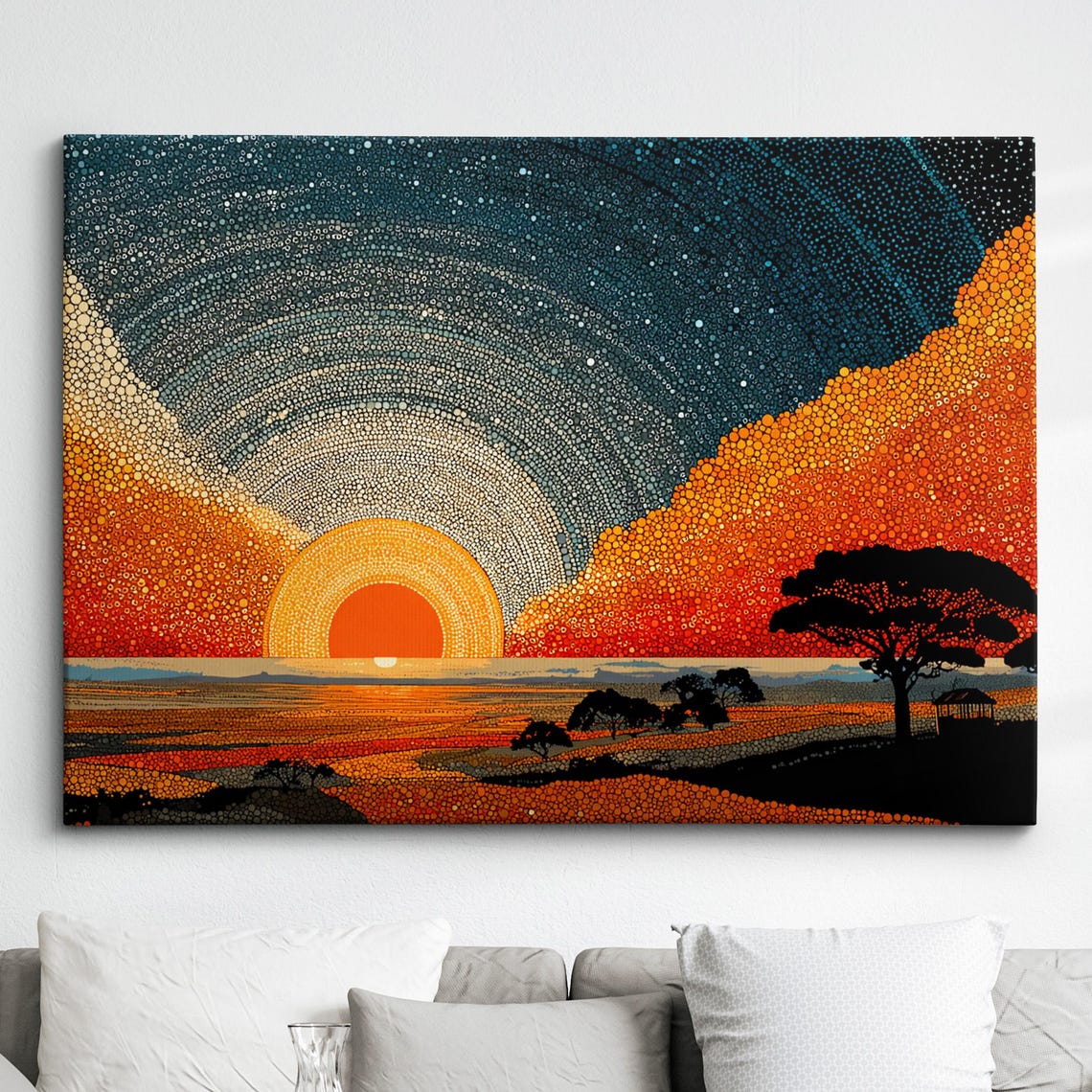 Modern Abstract Sunset Spotted Minimalist Dot Oil Painting Wall Art Framed Canvas Poster Print Home Living Room Decor Gift Ideas