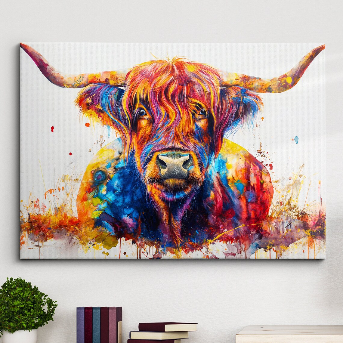 Long-Horned Highland Cow Watercolor Portrait Bright Rainbow Art Poster