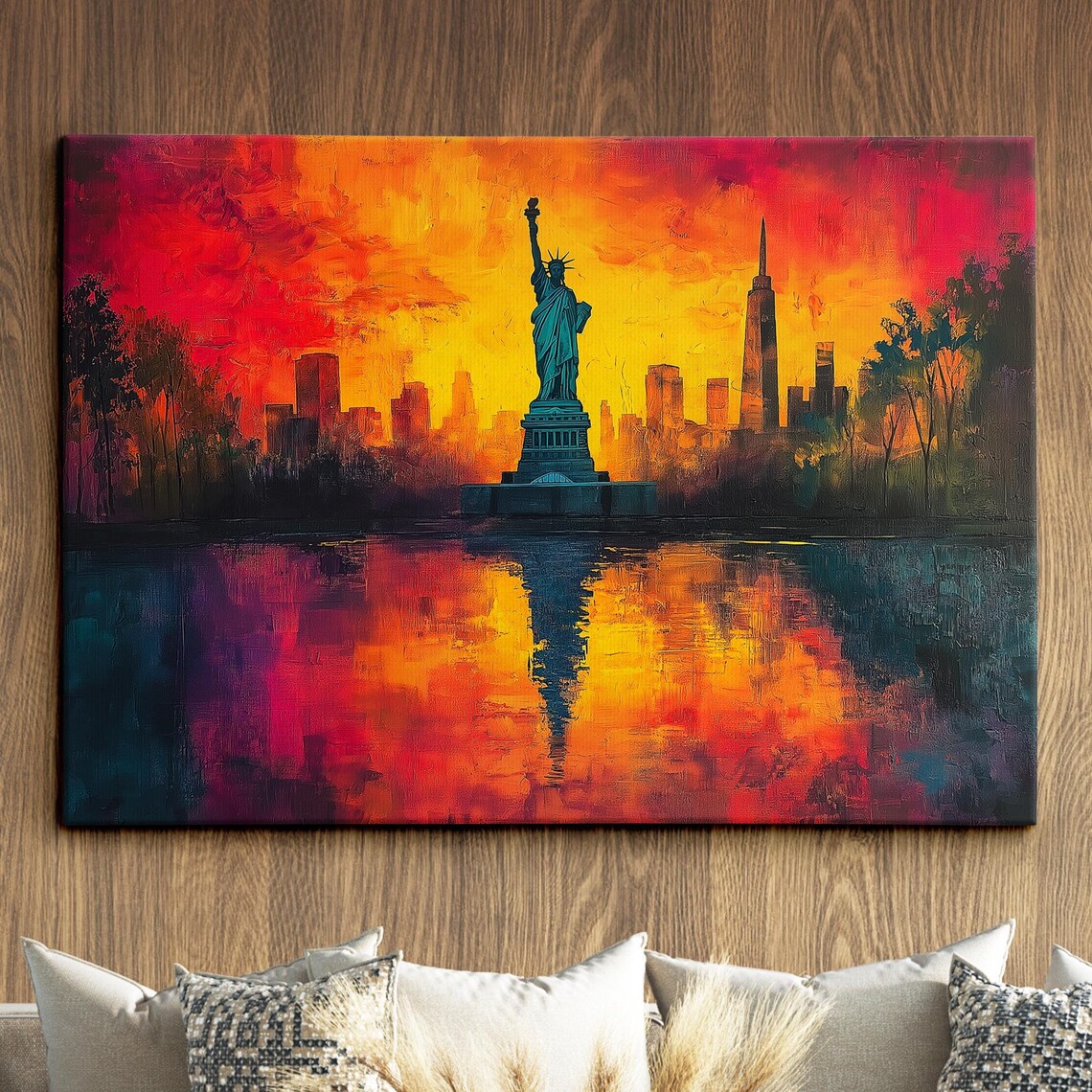 Statue of Liberty Fiery Red Sunset Skyline Canvas Art Poster