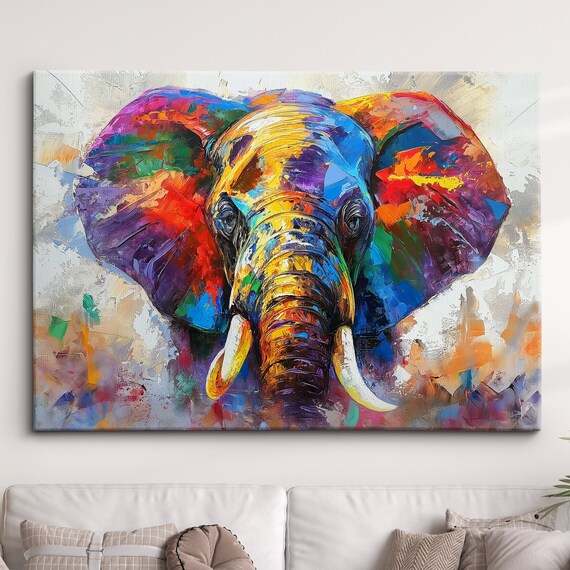 Elephant Animal Abstract Oil Painting Colourful Paint Splatter Style Wall Art Framed Canvas Poster Print Homeoffice Room Decor Gifts