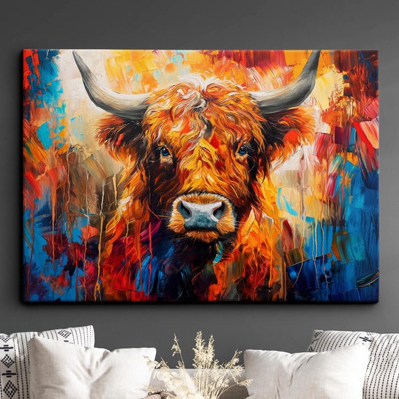 Highland Cow Animal Abstract Oil Painting Colourful Paint Splatter Style Wall Art Framed Canvas Poster Print Homeoffice Room Decor Gifts