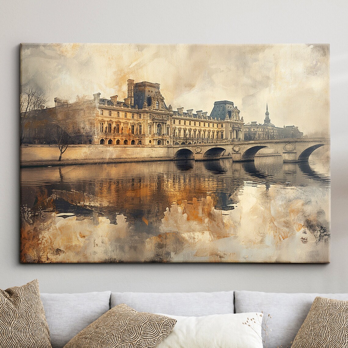 Paris Louvre Palace Seine Bridge Impressionist Painting Poster