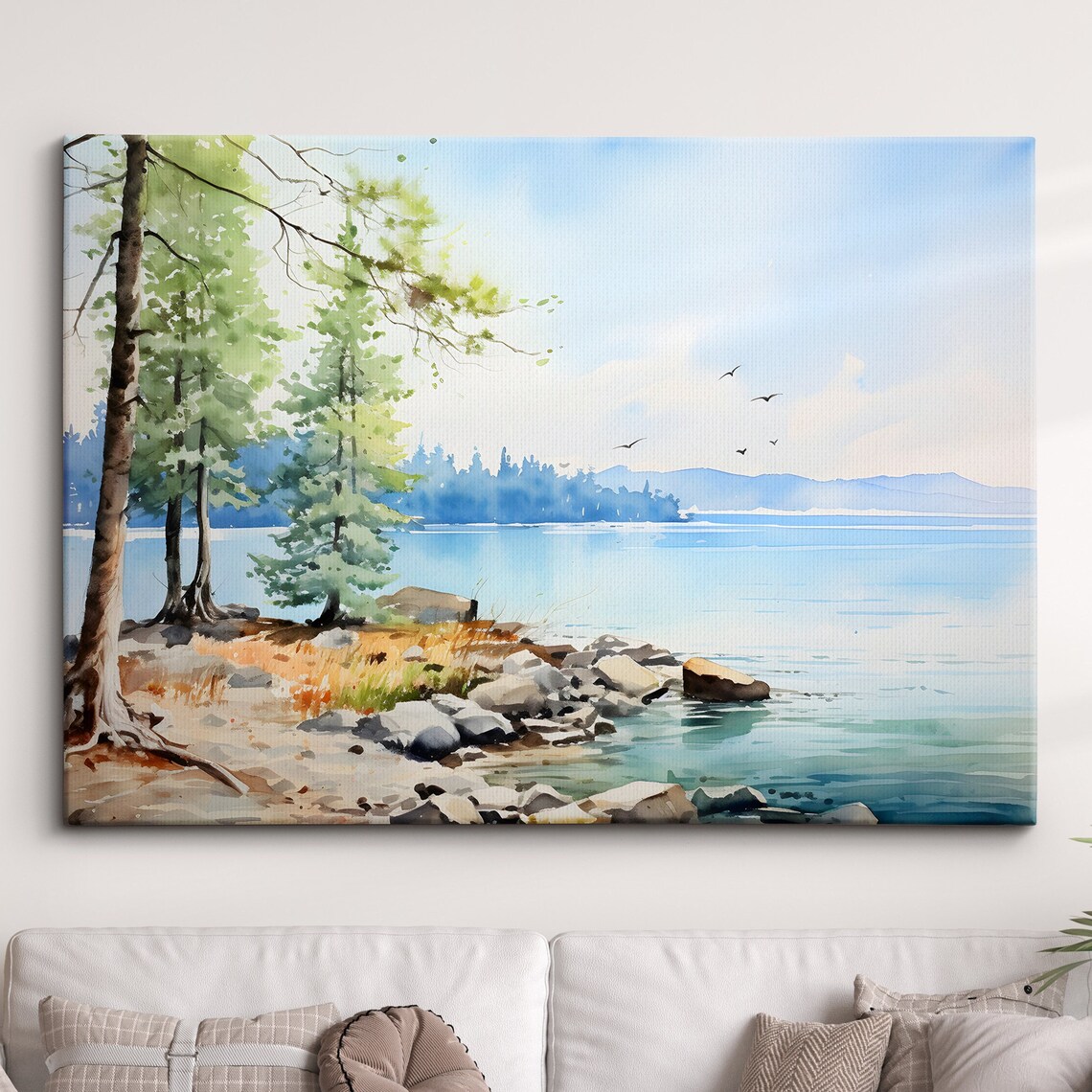 Serene Lake Shoreline Pine Trees Watercolor Nature Landscape Poster
