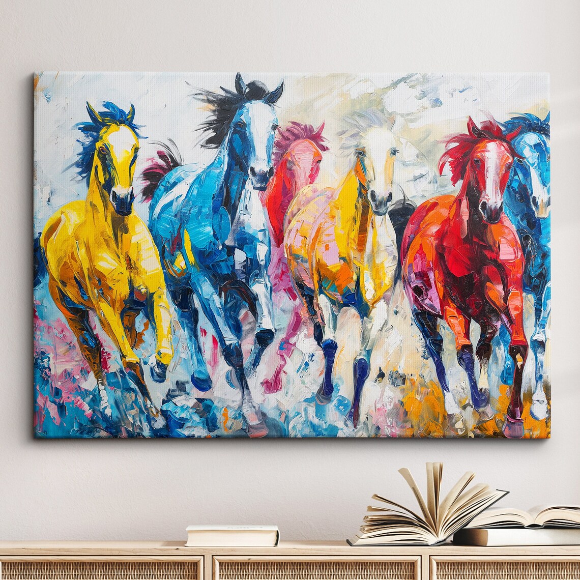 Galloping Multicolor Horses Dynamic Abstract Oil Painting Poster