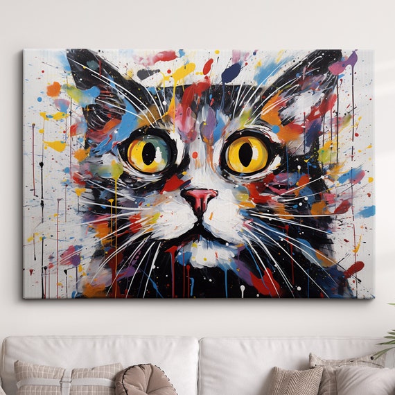 Black Cat Paint Splash Animal Pet Abstract Modern Painting Wall Art Framed Canvas Poster Print Home Kitchen Office Room Decor Gifts
