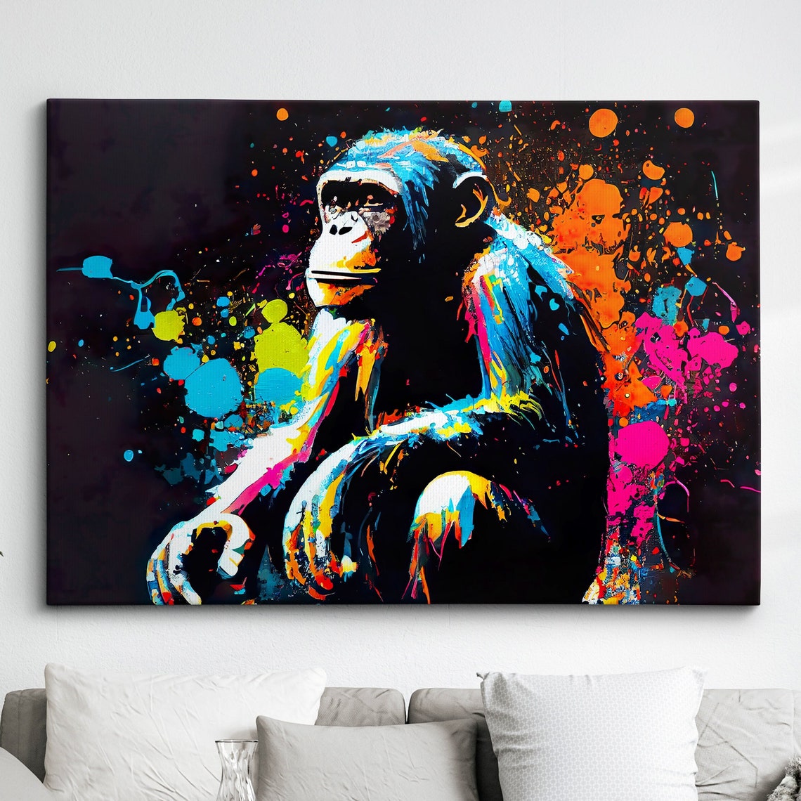 Chimpanzee Neon Paint Splatter Abstract Animal Canvas Poster Art