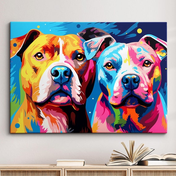Pit Bulls Abstract Dog Pet Animal Painting Splatter Wall Art Framed Canvas Poster Print Home Kitchen Office Room Decor