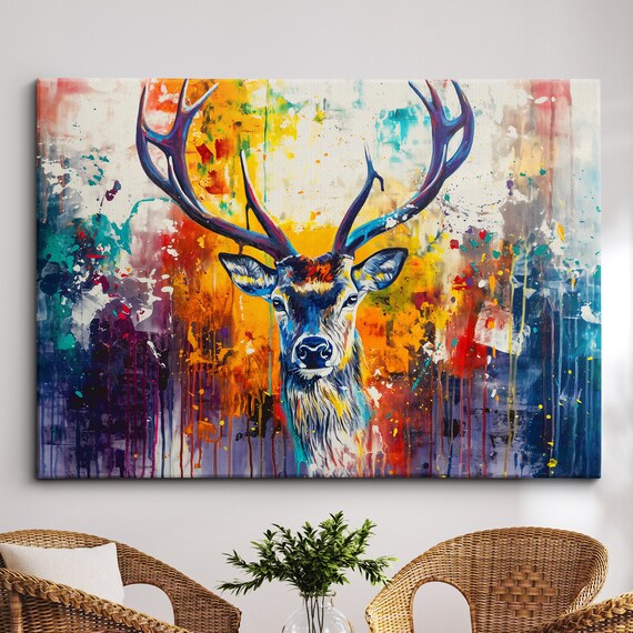 Colorful Deer Wild Animal Abstract Oil Painting Paint Splatter Wall Art Framed Canvas Poster Print Home Living Room Decor Fun Gift