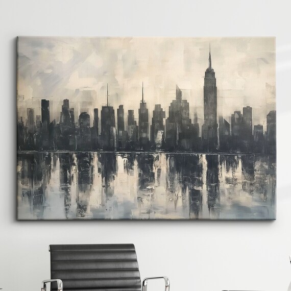 Manhattan Skyline Foggy Gray Watercolor Cityscape Reflection Art Poster