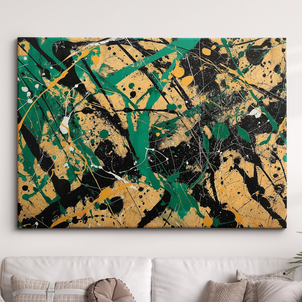 Green Black Gold Abstract Splatter Painting Dynamic Modern Wall Art