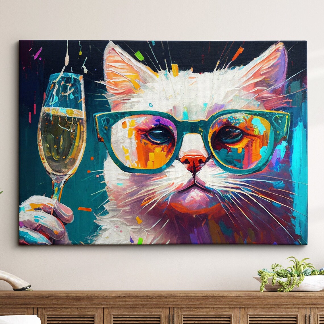 Cat Drinking Wine Abstract Modern Art Print