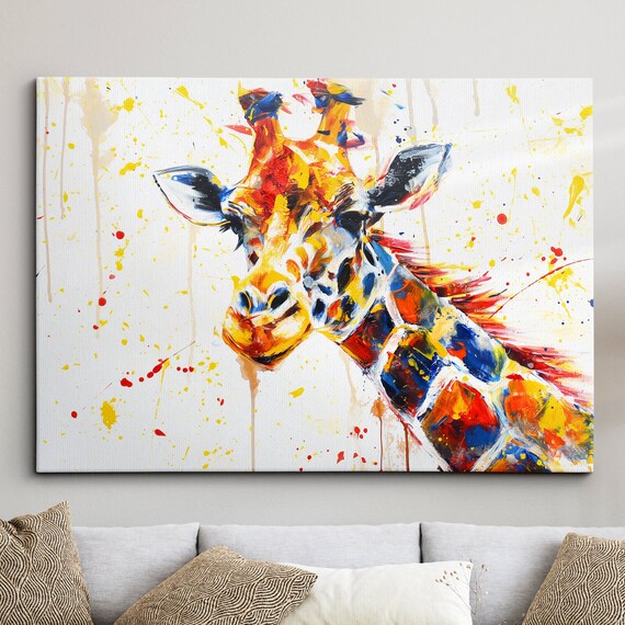 Colorful Giraffe Abstract Animal Oil Painting Style Landscape Wall Art Framed Canvas Poster Print Home Kitchen Living Bedroom Decor Gifts