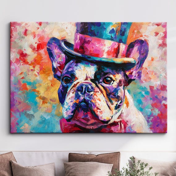 French Bulldog In A Top Hat Animal Abstract Oil Painting Splatter Style Wall Art Framed Canvas Poster Print Home Kitchen Office Room Decor