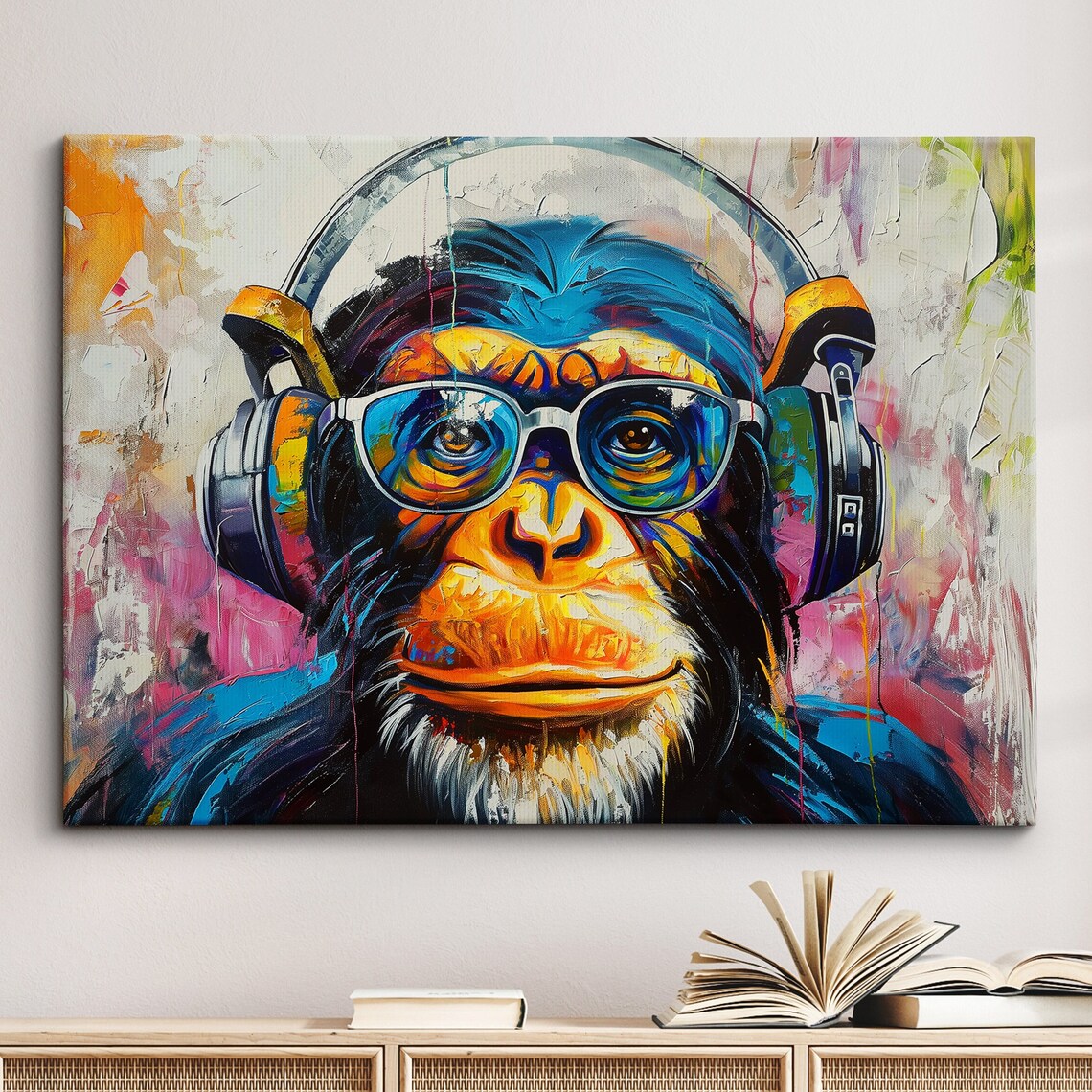 Colorful Monkey DJ Headphones Abstract Painting Animal Art Poster