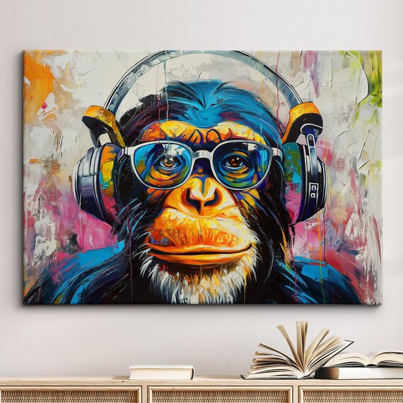 Monkey Dj Headphones Abstract Modern Painting Wall Art Framed Canvas Poster Print Home Kitchen Office Room Decor Gifts
