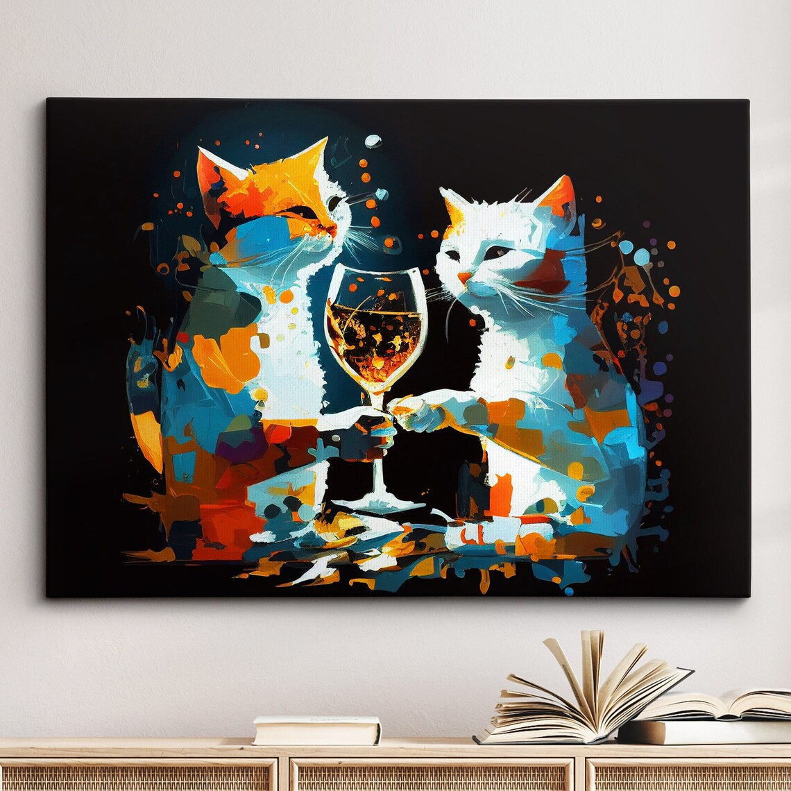 Two Cats Toasting Wine Glasses Colorful Abstract Party Art Poster
