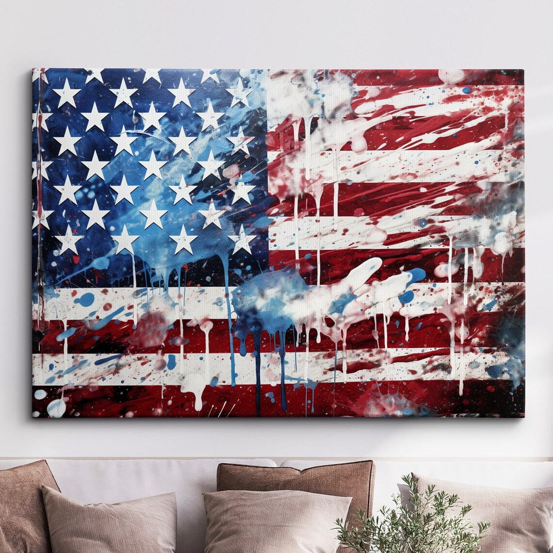American Flag Splatter Paint Abstract Patriotic Modern Canvas Poster