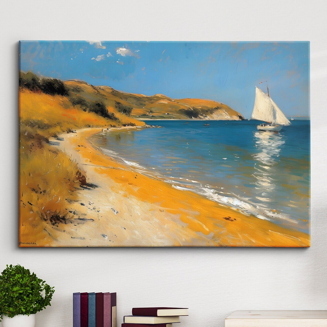 Impressionist Seaside Sailboat Oil Painting Golden Beach Canvas Wall Art