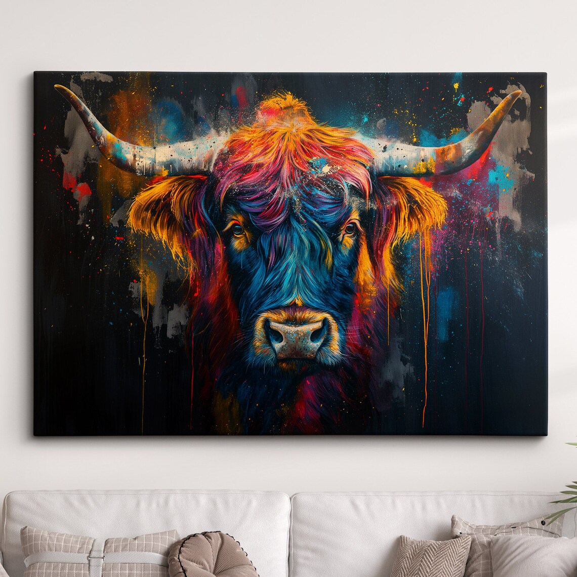 Vibrant Multicolor Highland Cow Portrait Dark Paint Drip Art Poster