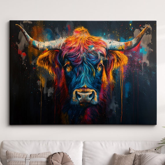 Highland Scottish Cow Painting Colouful Abstract Modern Wall Art Framed Canvas Poster Print Homeoffice Room Decor Gifts